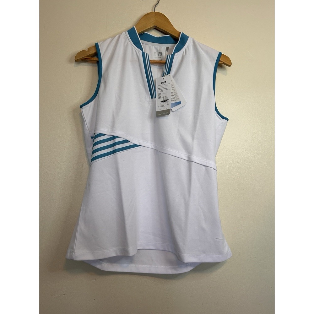 Nivo Women's Hope Mock Golf Top, White/Blue, V-Neck, Sleeveless Size Large